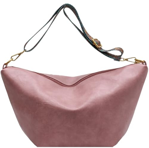 Makukke Umhängetasche Damen Gross PU-Leder Crossbody Bag mit Hobo Breiter Gurt Vintage Schultertasche Beuteltasche für Büro Arbeit Reisen Ausflug Einkauf,Rosa Tasche