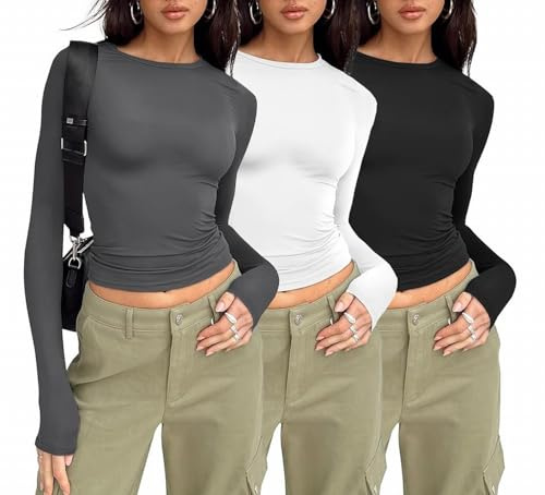 MSIYOW 3 Pezzi Maglia Maniche Lunghe Donna Magliette T-Shirt Donna Y2K Manica Lunga Crop Top