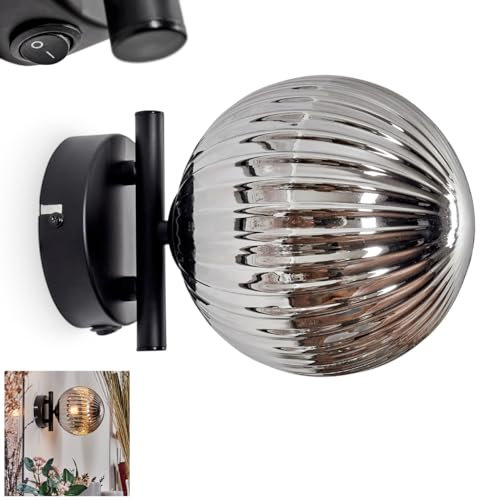 Wandleuchte Chehalis, Wandlampe aus Metall/Riffelglas in Schwarz/Rauchfarben, Leuchte im Retro/Vintage-Design mit Schirm aus Glas (Ø 15 cm) u. An/-Auschalter am Gehäuse, 1 x G9, ohne Leuchtmittel