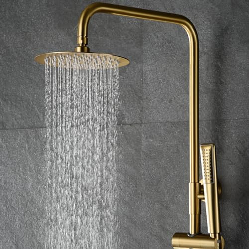 IMEX - Columna Ducha Termostatica Oro con Grifo | Conjunto de Ducha con Alcachofa y Rociador Antical Efecto Lluvia | Griferia en Latón y Acero Inox S.304 con Barra Extensible Dorada | Serie Nápoles