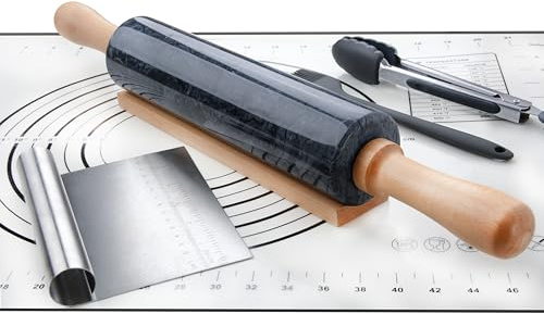 SIPARUI Marble Rolling Pin Set with Non-Stick Roller, Pastry Mat, Stainless Steel Scraper, Silicone Brush, Tongs - 18.5 inch (Gray Black)