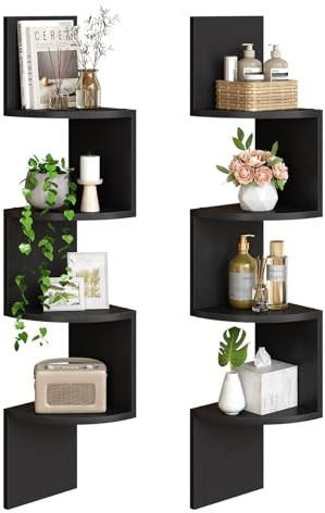 HOOBRO Corner Shelf, Wall Shelf, Set of 2 Floating Corner Shelves for Wall, 4-Tier Corner Bookshelves for Living Room, Bedroom, Bathroom, Home Office, Black EBK25BJP201