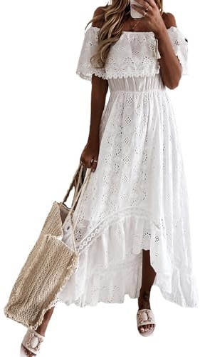 Damen-Maxikleid mit V-Ausschnitt, ärmellos, gestrickt, Spitze, Cutout, Schlinge, Rüschen, offener Rücken, unregelmäßiger Saum, Vintage-Partykleid, Boho, solides Strandkleid, Weiß C, XL