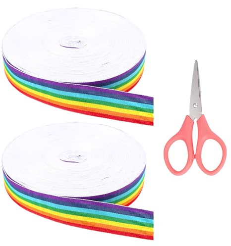 44 Meter Regenbogenband, 1 Schere, Langes Band, Polyester-Ripsband, Regenbogen-Handfächer-Stolz-Dekoration