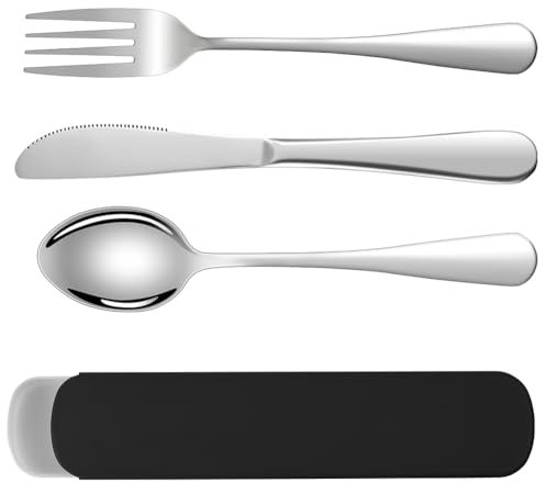 HOTUT Juego de cubiertos de viaje de 3 piezas, cubiertos portátiles de acero inoxidable, utensilios reutilizables para el hogar, al aire libre, viajes, picnic, oficina, lonchera escolar, color negro