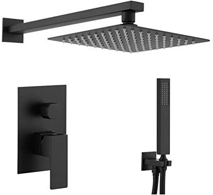 Juego de Cabezal de Ducha Cuadrado Oculto Empotrado en la Pared, Tipo Techo Empotrado, Ducha fría y Caliente de ingeniería hotelera, Acero Inoxidable 304, Negro Mate