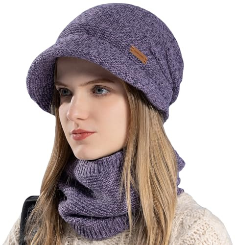 Gajaous Damen Mütze Schal Set, lässige Strickmütze warme Strickmütze Dicke Fleece gefütterte Wintermütze Nackenwärmer Set (2 Teile)