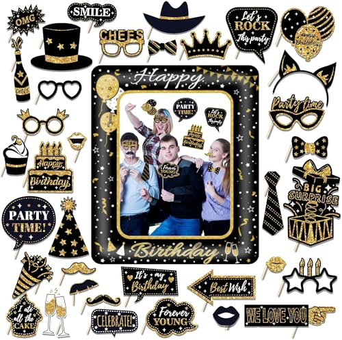 Black Gold Photo Booth Props - 36 Pieces Birthday Inflatable Selfie Frame for Any Ages Large, Photobooth Decorations Bows Lips Lipsticks for Girl Boy Men Women Party Accessories