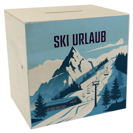 Berglandschaft Skipiste - Ski Urlaub Spardose aus Holz Vektorillustration Einer blauen Schneelandschaft mit Skispuren und Sessellift Perfekt zum Sparen für den Skiurlaub
