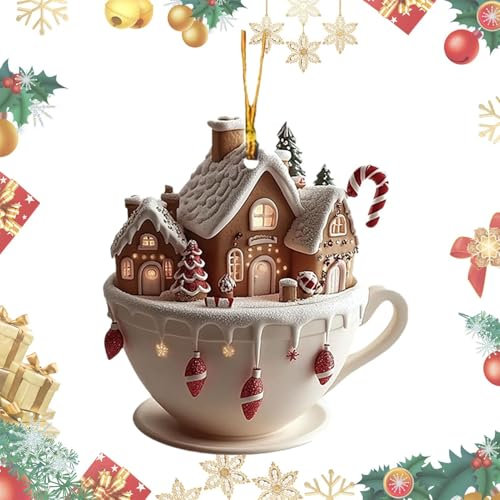 Décoration en chocolat chaud pour sapin de Noël | Tasse en chocolat Vista, décoration de Noël 2D en acrylique, maison de neige, pendentif