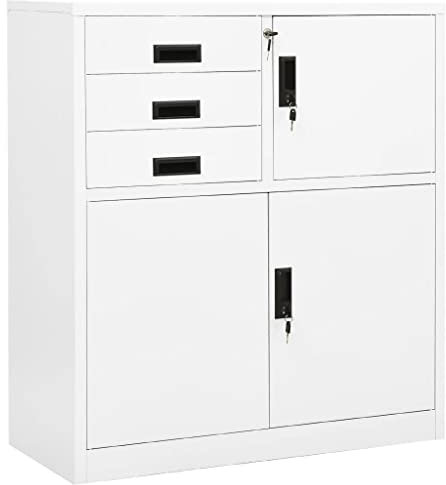 Archivador de metal con cerradura, armario de herramientas con puertas y cajones, armario de almacenamiento para el hogar, garaje, oficina, dormitorio, color blanco