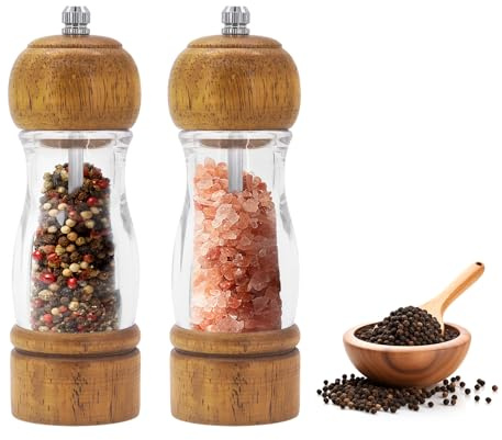DingGreat set med salt- och pepparkvarnar i trä (16 cm), påfyllningsbar i akryl och justerbar pepparkvarn, manuell kryddkvarn för kök