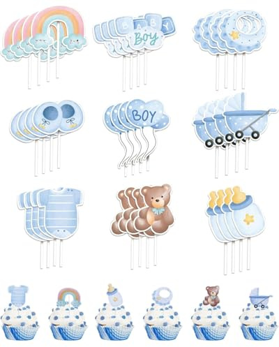BARRU Confezione da 36 Toppers Cupcake Decorazione - per Torta Baby Shower Decorazione per Cupcake Nascita Compleanno Stuzzicadenti Decorativi Baby Shower Decorazione per Torta Glitterata