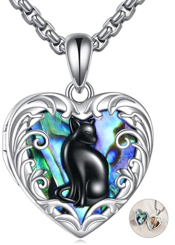 DAYLINLOVE Cat Locket Necklace 925 Sterling Silver Heart Locket Pendant That Holds 1-2 Pictures Cat Heart Shaped Jewellery Commemorative Gift for Women Men