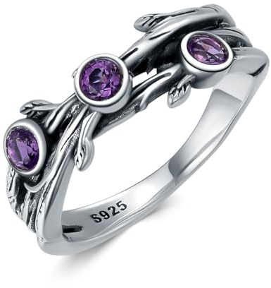 Amethyst Branch Ring for Women 925 Sterling Silver Vintage Amethyst Vine Leaf Statement Rings Cocktail Party Birthday Gifts Size 6-9