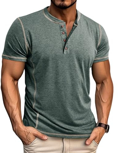 Aulemen Tee Shirt Homme Courtes/Longues Henley T-Shirt Cardigan Bouton Manches Col Tunisien Hommes Top Green-XL