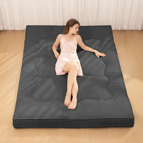 NLDD Japanese Floor Mattress, 4 Thicken Futon Mattress Twin Size Sleeping Pad, Corduroy Foldable Floor Pad, Roll Up Tatami Mat for Adults Guest Room Bedroom, Grey