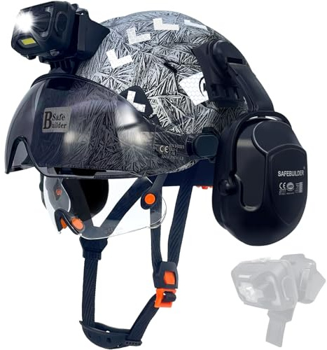 SAFEBUILDER Hard Hats with Visor and Headlight Ear Muffs Lightweight Vented Safety Helmet Headlamp for Construction Industrial Outdoor Work ANSI Z89.1 Approved (GangMu+CSV+B07+SHL01)