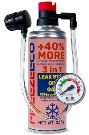 Ersatz für R134a-Kältemittel, Nachfüllset für R134a-Kältemittelersatz, Ersatzgas für Klimaanlagen R134a, FREEZEECO 3in1 HOBBY mit integriertem Druckschlauch und Manometer