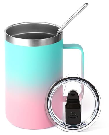 Volhoply 470ml (16oz) Insulated Coffee Mug with Lid and Straw, Stainless Steel Travel Mugs with Handle, Double Wall Vacuum Leak Proof Coffee Tumbler Cup (Green Pink,1)