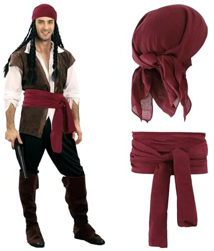 DAMILY Piratenkostüm Damen Herren Piraten Verkleidung Accessories Kostüm-Outfits Kopftuch Hut Zubehör Schärpe Gürtel Schal Bandana Taillengürtel für Halloween Cosplay Karneval