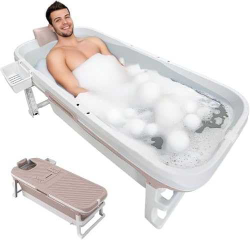 Baignoire portable de 134 cm pour adulte - 134 x 65 x 22 cm (L x l x H) - Baignoire pliable et pliable - Design ergonomique - Baignoires autoportantes avec panier de rangement et couvercle, rose (rose