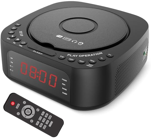 Ejoyous CD-spelare Väckarklocka, Radio Väckarklocka -radio med USB-laddningsfunktion, Dimbar Display, Fjärrkontroll med Toploader-design och Insomningstimer för Sovrummet (EU (220-240V))