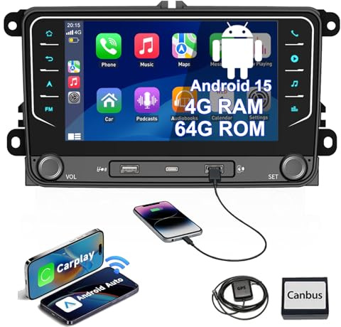 ESSGOO 4+64G Android 15 Doppel dinAutoradio CarPlay & Android Auto Für VW | Für VW Golf 5 6 Touran Tiguan EOS Passat Polo,7 Zoll HD Touchscreen FM RDS GPS Navi Wifi SWC
