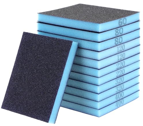 QWORK® 12 stycken slipsvampar torrt och vått sandpapper set, 60/80/120/220/320/400 korn återanvändbara slipkuddar, för trä och metall