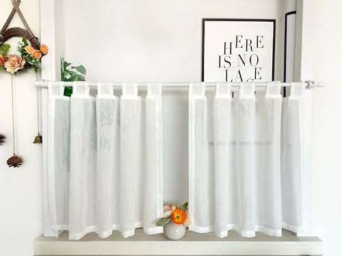 Daliena Scheibengardinen Leinenoptik Bistrogardine 2er Set Kurzgardine Halbtransparent Fenstergardinen Kurz Modern Gardinen für Kleine Fenster Küche Weiß mit Schlaufen (BxH 130x45cm) 2 stück