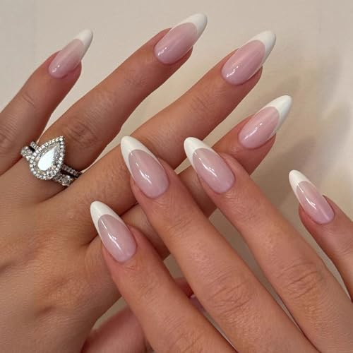 30PCS Press on Nails Almond - French Tip False Nails with Glue - Soft Gel Medium Length Fake Nails in 15 Sizes - Natural Nude Pink Nails Press Ons - Elegant Stick on Nails for Women Girls