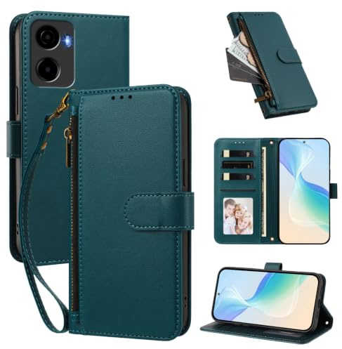 Telefonfodral Kompatibel med Cricket Magic 2 5G,Kompatibel med AT&T Propel 2 5G【Plånbok med dragkedja och handledsrem Kortfack Uppfällbart stativ】Green
