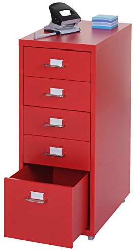 Mendler Cassettiera classificatore ufficio mobile Boston T851 con ruote 5 cassetti 69x28x41cm rosso