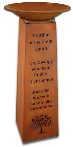 Rostikal Edelrost Säule 1,15 m mit Spruch Familie und Dekoschale Wohndeko Rost Gartendeko (Schale 50 cm rund)