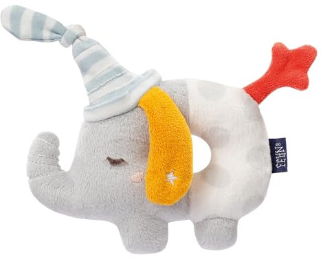 Fehn 053111 Ring-Greifling Elefant – Babyspielzeug mit Rassel und Glow-in-the-dark Bestickung für Babys und Kleinkinder ab 0+ Monaten – Größe: 13 cm