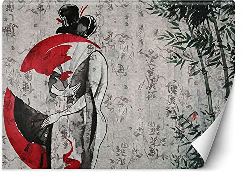 Feeby Papier Peint Intisse Femme Geisha Kanji 254x184 cm rouge XXL Photo Mural Muraux Tapisserie Restaurant Bambou Nature Ventilateur