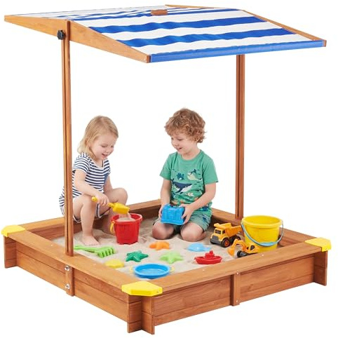 Kids Sandbox with Cover, 46.5 Wooden Sand Box w/Adjustable Canopy, Large Outdoor Cedar Sandpit for Backyard Play