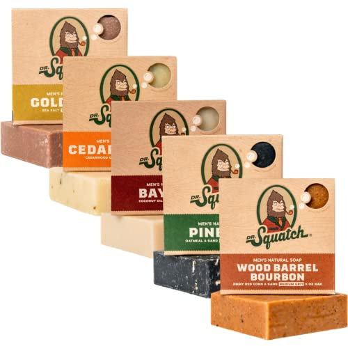 Dr. Squatch All Natural Soap Bar for Men, 5 Bar Variety Pack - Bay Rum, Cedar Citrus, Wood Barrel Bourbon, Gold Moss and Pine Tar