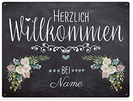 PR Print Royal Haustürschild mit Name - Herzlich Willkommen bei - Metallschild mit Nachname Personalisieren, Outdoorschild aus Aluminium | Wetterfest, Blumen-Motiv, 21x15 cm