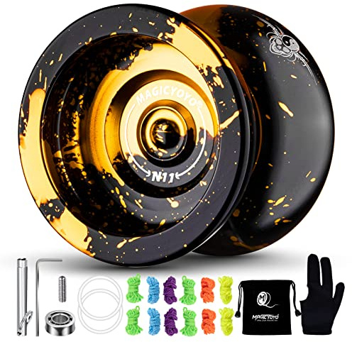 MAGICYOYO Dual Purpose Yoyo N11 - Responsive Yo Yo for Kids 8-12 or Above & Unresponsive Bearing Kit for Advanced Edge Hook Finger Spin with Yo Yo Glove + Bag + 12 Yoyo Strings (Black Golden)