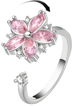 TIANYI 925 Sterling Silver Anxiety Ring Dainty Flower Spinner Ring Open Adjustable Fidget Rings for Women,Pink Flower Ring Fashion Stackable Silver Ring Jewelry Gift for Women Wife