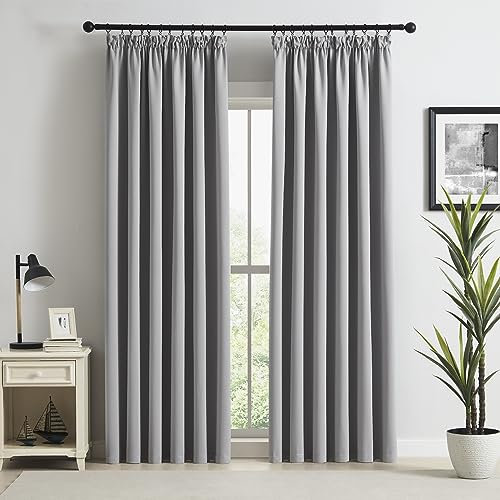 Beauoop Pencil Pleat Blackout Curtains for Bedroom 72 inch Drop Grey Curtains for Living Room Rod Pocket Light Blocking Thermal Insulated Drapes Window Treatment 2 Panels, W46 x L72