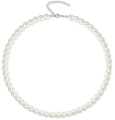 Candyfancy Perlenkette Damen Perlen Kette 42+5cm Weiße Runde Simulierte Glasperlen Kette, Halskette Perlen Weiß für Damen Frauen und Mädchen Mutter Geburtstag Geschenke, Weiße Perlen 4mm 6mm 8mm