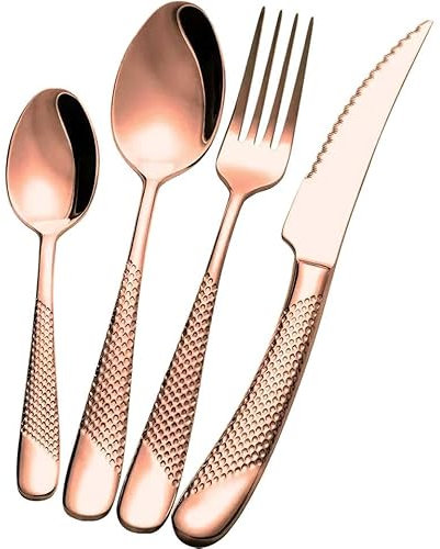 Exeton Luxury Signature Cutlery Set, for 1/4/6 People, Stainless Steel 18/8, Silver, Gold, 2-in-1 Steak Knives, Dishwasher Safe (Signature - Rose Gold, 24)