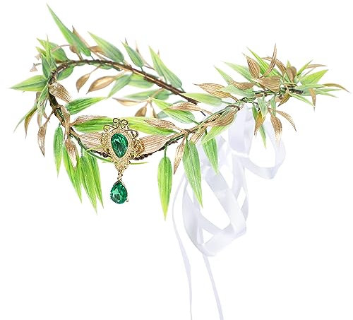 Coroncina Fiori Bambina, Ghirlanda Fiori Artificiali Corona Fiori Coroncina Sposa con Nastro, Elfo Corona di Fiori per Capelli Boho Coroncine Fiori per Halloween, Matrimonio, Festa (Foglie verdi)