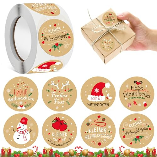 500 Stück Aufkleber Weihnachten, 4cm Kraftpapier Weihnachtsaufkleber, Selbstklebende Weihnachtsetiketten Geschenkaufkleber für Dekoration und Verpackung von Weihnachtsgeschenken