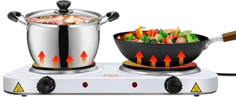 2500W Double Hotplate Table Top Cooking Hob with Control-5-Temperature Settings and Power Indicator Portable Cast Iron Heating Plate for Warming/Cooking/Boiling Easy to Clean - White