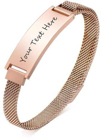 Personalised Bracelet for Women Girls - Customised Sentimental Jewellery for Her, Engraved Rose Gold Stainless Mesh band ID Bracelet for Mum Daughter Wife, Gifts for Mother's Day Birthday, Adjustable