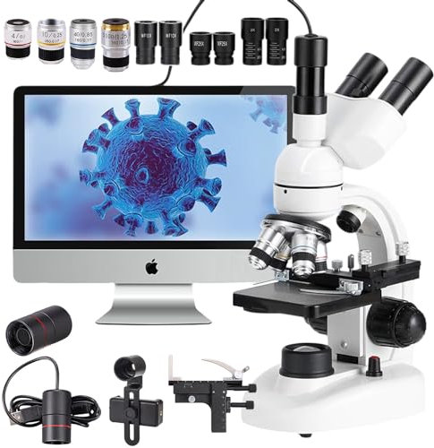 Microscopio professionale a luce composta 5000X con oculare elettronico, obiettivo 4X, 10X, 40X, 100X, microscopio trinoculare aggiornato con supporto per telefono cellulare, calibro, custodia