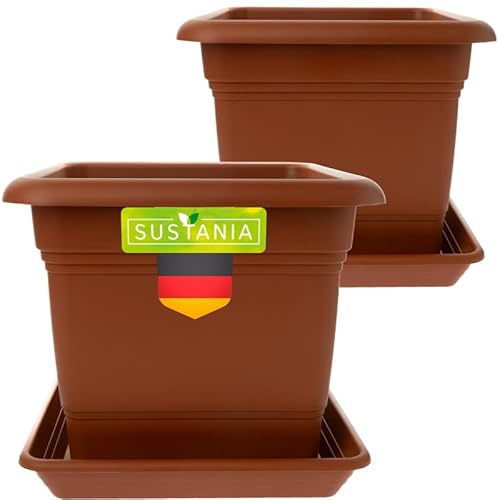 SUSTANIA Pflanzkübel Eckig 28x28 Terracotta 2er Set - Robuster Blumentopf GroÃŸ, Ãœbertopf Ideal für Tomatenpflanzen, Eckige Pflanztöpfe Kunststoff für Garten & Balkon